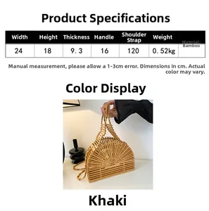 Tableau des tailles pour sac en bambou kaki mesurant 24x18x9.3cm avec bandoulière