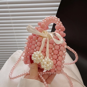 Handmade Artificial Pearl Woven Mini Handbag Bowknot Satin Ribbon Crossbody Bag Sweet Mori Style Elegant Purse For Women