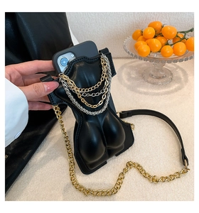 Creative torso shaped black PU leather mini crossbody bag with layered metal chains decoration