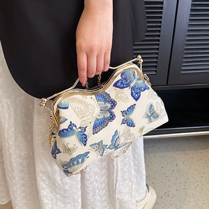 Retro butterfly embroidery handbag with gold frame closure and elegant chain strap