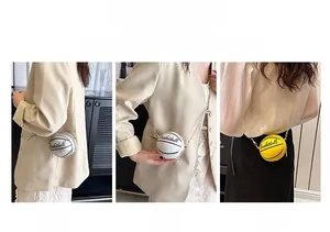 Detailed views of mini basketball-shaped crossbody bags in white and yellow colors