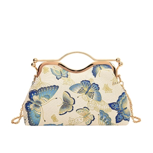 Retro butterfly embroidery handbag with golden frame handle and chain strap for evening