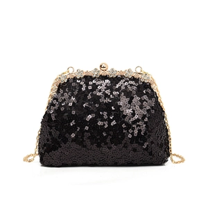 Elegant black sequin evening clutch with gold floral crystal clasp and chain strap