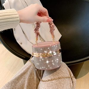 Rhinestone Cylinder Evening Bag With Pleated Handle PU Leather Detachable Chain Strap Crossbody Handbag For Women