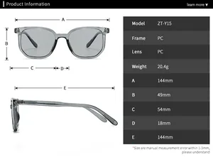 Detailed size chart for ZT-Y15 square sunglasses with frame and lens dimensions
