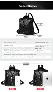 Detailed infographic showing dimensions and capacity of a black biker jacket style backpack