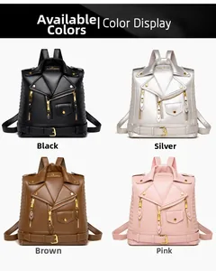 Detailed view of motorcycle jacket style leather backpacks in black, silver, brown, and pink