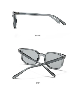 Detail view showing 90-degree side and back of grey translucent square sunglasses