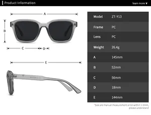 Detailed size chart for retro square sunglasses with measurements and PC material specs