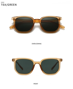 Retro rectangle sunglasses in amber tea frames with green lenses shown from two angles