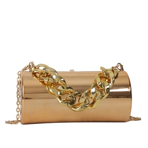 Golden acrylic cylindrical evening clutch with thick chain handle and metallic mirror finish