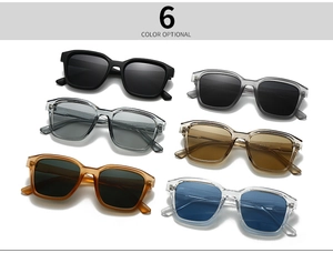 Detailed view of square sunglasses showing six optional colors in a modern minimalist layout