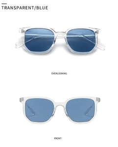 Square transparent blue sunglasses shown in front and overlooking views on white background