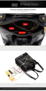 Detail view of large travel backpack interior compartments holding a tablet and cosmetics