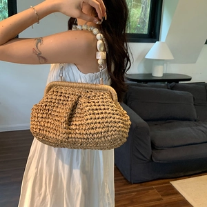 Summer straw cloud bag with elegant marble bead handle for beach vacations and casual style