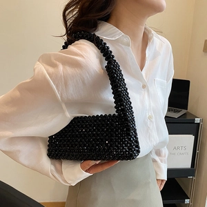 Vintage black beaded shoulder bag for women with shiny rhinestones in hand-woven style