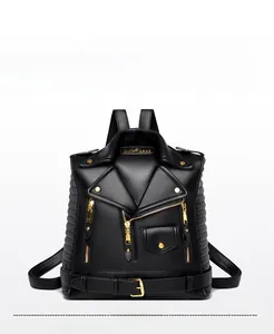 Detailed front view of black leather biker jacket backpack with gold hardware accents