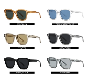 Detailed grid showing six stylish square sunglasses in various lens and frame colors