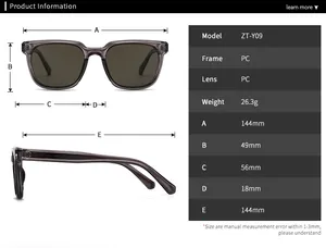 Detailed size chart for retro square sunglasses showing dimensions and PC frame specs