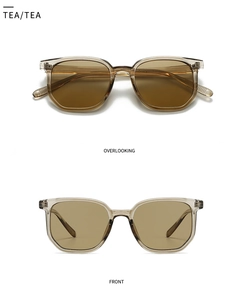 Dual view of transparent tea-colored square sunglasses showing front and top perspectives