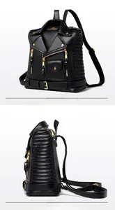 Detail view of black motorcycle jacket style backpack with gold zippers and metal studs