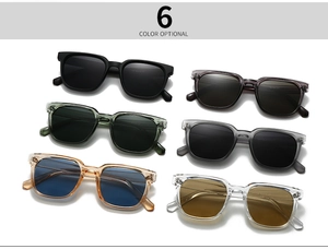 Overview of six color options for square frame sunglasses with detailed lens variations