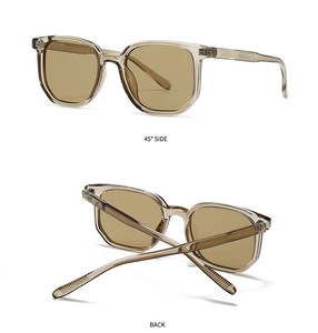 Detail view of transparent amber sunglasses showing 45-degree side and back metal hinges
