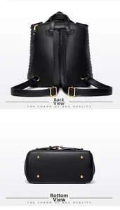 Detail of backpack padded straps and flat base with gold anti-wear metal feet