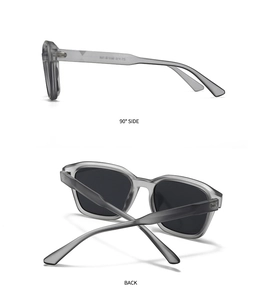 Macro side and back view of matte gray transparent square sunglasses with dark lenses