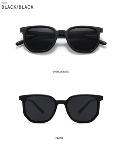 Front and top view of square frame sunglasses in matte black with dark lenses