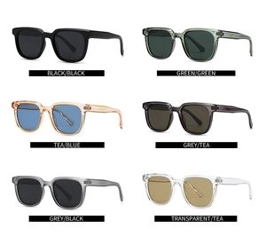 Matrix display of square retro sunglasses in six different frame and lens color options