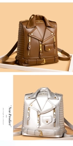 Detail of trendy biker jacket style backpacks with metallic zippers and belt buckle accents