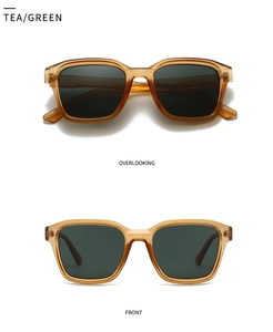 Front and top view of retro square tea frame sunglasses with dark green lenses