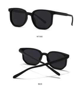 Detail view of square black sunglasses showing 45-degree side and back folding angles