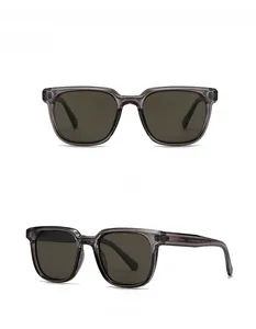 Front and side view of square retro oversized sunglasses in grey and tea color tones