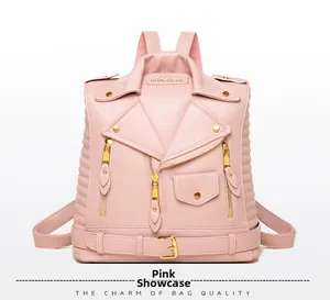 Front detail of pink motorcycle jacket style backpack with gold zippers and rivets