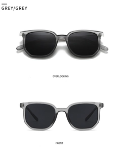 Front and top views of modern square translucent grey sunglasses with matching grey lenses