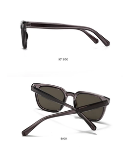 Detailed 90-degree side and back view of modern square sunglasses in translucent grey