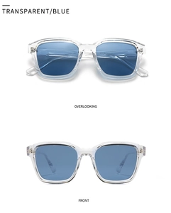Front and top view of modern square transparent sunglasses with deep blue lenses