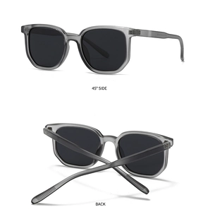 Detail view of square grey translucent sunglasses from 45-degree and back angles