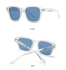 Detail view of transparent square frame sunglasses with blue lenses from 45 degree angle