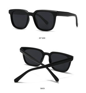 Detail view of square black retro sunglasses showing 45-degree side and back structure