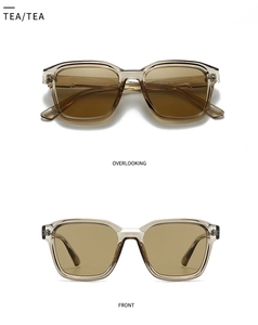 Detail view of tea-colored square frame sunglasses showing front and overlook angles