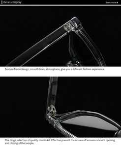 Close-up of clear square frame sunglasses showing high-quality metal hinges and details