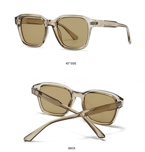 Detailed side and back views of retro square tea-colored sunglasses with wide temples