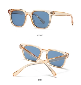 Detailed views of champagne square frame sunglasses with blue lenses from side and back