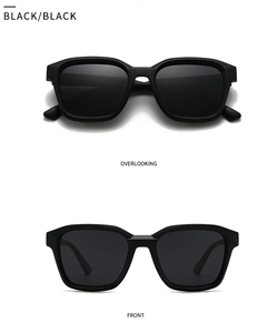 Detailed front and overlooking view of black square frame sunglasses with matte finish