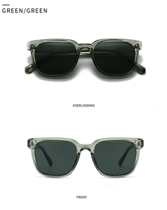 Front and top view of modern square sunglasses with green transparent frames and dark lenses