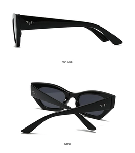 Vue détaillée du profil à 90 degrés et de l'arrière des lunettes de soleil ovales noires