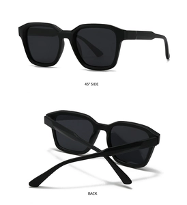Detail view showing 45-degree side and back of square black modern retro sunglasses